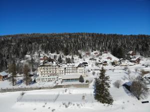 Les RassesにあるGrand Hôtel des Rasses & Wellnessの雪中の大きな木々の建物