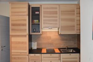 a kitchen with wooden cabinets and a sink at LA CASA DEL GUARDIA in Lonedo