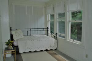 Franklin Manor Bed and Breakfast في سارانك ليك: غرفة نوم بسرير ونوافذ