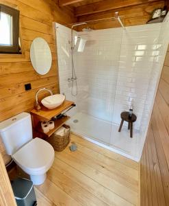 een badkamer met een douche, een toilet en een bad bij Mountain Eco Shelter 3 in Corujeira de Dentro