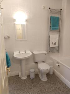 a white bathroom with a toilet and a sink at Town centre one bed apartment in Dungarvan