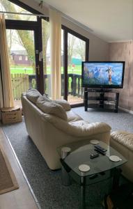 a living room with a couch and a flat screen tv at Peregrine Lodge - idillic Cornwall retreat in Liskeard