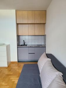 a living room with a couch and a kitchen at Cozy studio apartment at center of Bijeljina in Bijeljina