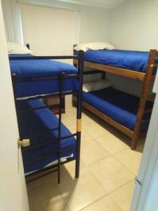 a room with two bunk beds with blue sheets at Camping Las Machas in Bahia Inglesa