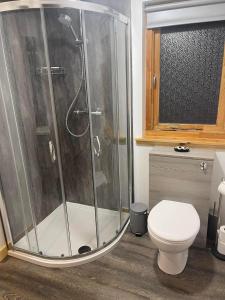 a bathroom with a shower and a toilet at Lachie's Cabin in Portree +11 photos