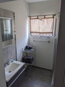 a small bathroom with a sink and a window at Don Trujo 2 - parque y pileta in Mendoza