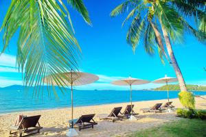 a group of chairs and umbrellas on a beach at Baan Bophut Beach Hotel Samui - SHA Extra Plus in Bophut