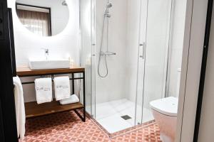 a bathroom with a shower and a sink and a toilet at 6/4 de Lamego in Lamego
