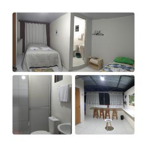 2 fotos de un dormitorio y un baño en Suites Pico do Cristal en Alto Caparao