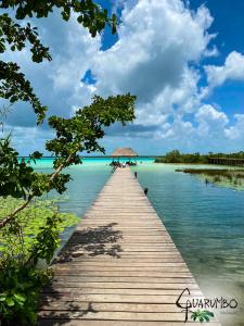 a wooden pathway leading into the water with a beach at Guarumbo in Bacalar