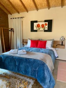 1 dormitorio con cama azul y almohadas rojas en Chalés Água azul, en Santo Antônio do Pinhal