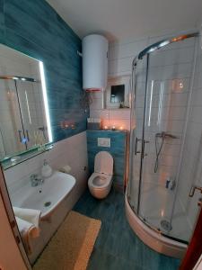 y baño con aseo, lavabo y ducha. en Apartments by the sea Mavarstica, Ciovo - 1120 en Trogir