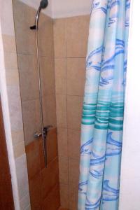 a shower with a blue and white shower curtain at Apartments with a parking space Vrisnik, Hvar - 4051 in Jelsa