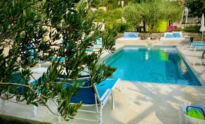 a swimming pool with a chair and a tree at Apartments and rooms with a swimming pool Slano, Dubrovnik - 2179 in Slano