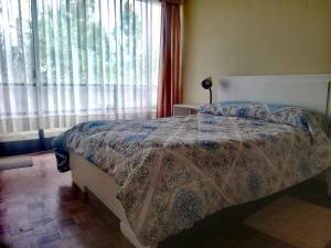 1 dormitorio con 1 cama con manta y ventana en Fully Equipped Appartment in Quito Centre, en Quito