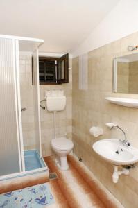 une salle de bain avec toilettes, lavabo et douche dans l'établissement Apartment Potocnica 4096d, à Stara Novalja