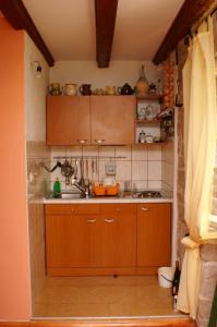 eine kleine Küche mit Holzschränken und einem Waschbecken in der Unterkunft Apartments by the sea Sepurine, Prvic - 4237 in Prvić Šepurine