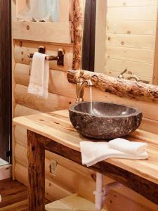 un bagno con lavandino in una baita di tronchi di Cricket Hill Treehouse by Amish Country Lodging a Millersburg