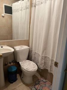 a bathroom with a toilet and a shower curtain at Cómoda Casa en mejor sector de la ciudad in Los Andes