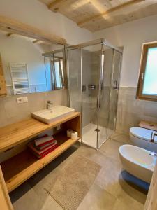 a bathroom with a shower and a sink and a toilet at Hofer Hof in Feldthurns