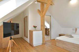a room with a bed and a tv in a house at Farm Stay Jarc Vineyard in Svečina