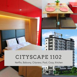 kolaż zdjęć pokoju hotelowego z łóżkiem i stołem w obiekcie Cityscape Residences 1102 w mieście Bacolod