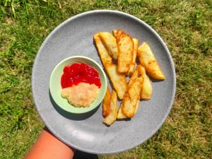 un piatto con patatine fritte e una ciotola di ketchup di Vista Huts Lembongan a Nusa Lembongan