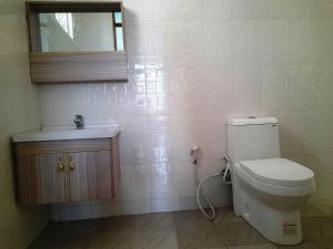 W łazience znajduje się toaleta, umywalka i lustro. w obiekcie La-Domek Traveller's home w Mbeya