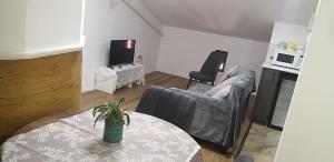 a living room with a table and a couch at Attic Ben Gurion 42 in Haifa