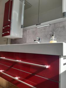a kitchen with a white sink and red cabinets at Schöne Altbauwohnung auf dem Land in Kallham