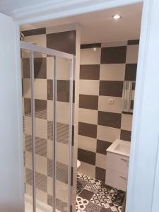 a bathroom with a tiled wall with a shower backdoor at Centre Confolens studios rénovés in Confolens