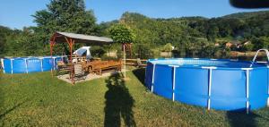 a pool and picnic table next to a lake at AUTO KAMP DRINA in Crnča