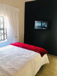 a bedroom with a bed with a tv on the wall at Shamrock Place in Roodepoort