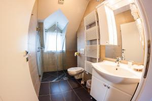 La salle de bains est pourvue d'un lavabo, de toilettes et d'un miroir. dans l'établissement House Trta, à Ljubljana