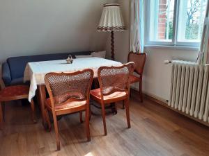 une salle à manger avec une table, des chaises et une lampe dans l'établissement Ferienwohnung Erika, à Moritzburg