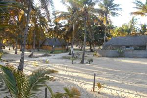 una spiaggia sabbiosa con palme e un edificio di Casa Coco Palmeira a Inhambane