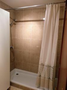 a shower with a white shower curtain in a bathroom at EL JARDIN DE LOS MANANTIALES in Castañares de Rioja