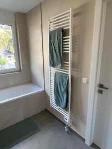 a bathroom with a shower and a bath tub next to a window at Terrace Flair in Vienna