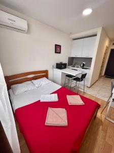 Un dormitorio con una manta roja sobre una cama. en Apartmant in Kyiv for you, en Kiev