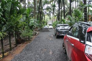 two cars parked on a gravel road with palm trees at Coco Palms Inn in Alibaug