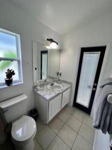 uma casa de banho com um lavatório, um WC e uma janela. em Grand Family Superior 4BR House near Disney Parks em Davenport