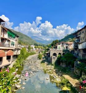 um rio numa cidade com edifícios e flores em Via Liberale Sleeps 8 Isolabona Italy em Isolabona