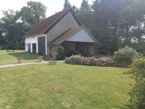 a small white house with a grass yard at Ruegen_Fewo 155 in Veikvitz