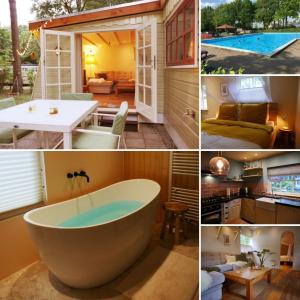 un collage de fotos con bañera en una casa en The Sunbird Inn - with luxurious bathroom, en Diessen