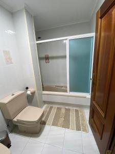 uma casa de banho com um WC e uma cabina de duche em vidro. em Gamboa em Vigo