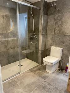 a bathroom with a shower and a toilet at Casa de la plaza in Foz