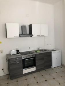 una cocina con fregadero y estufa horno superior en Villa Reder, en Bad Sauerbrunn