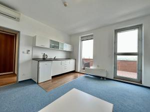 una cocina vacía con electrodomésticos blancos y 2 ventanas en Balu Apartments, en Praga