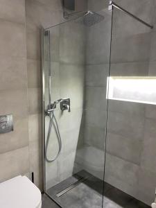 y baño con ducha y puerta de cristal. en Oasis en Jajinci