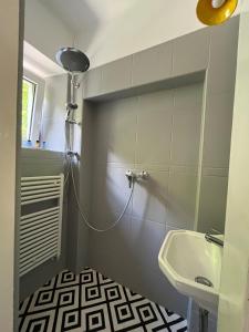een kleine badkamer met een wastafel en een douche bij Hangvilla vendégház in Miskolc